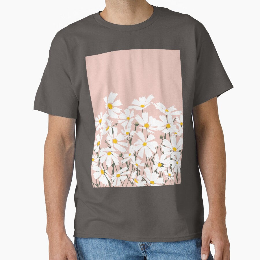 Les Fleurs de Paris - White Cosmos Flowers on Pink Classic T-Shirt