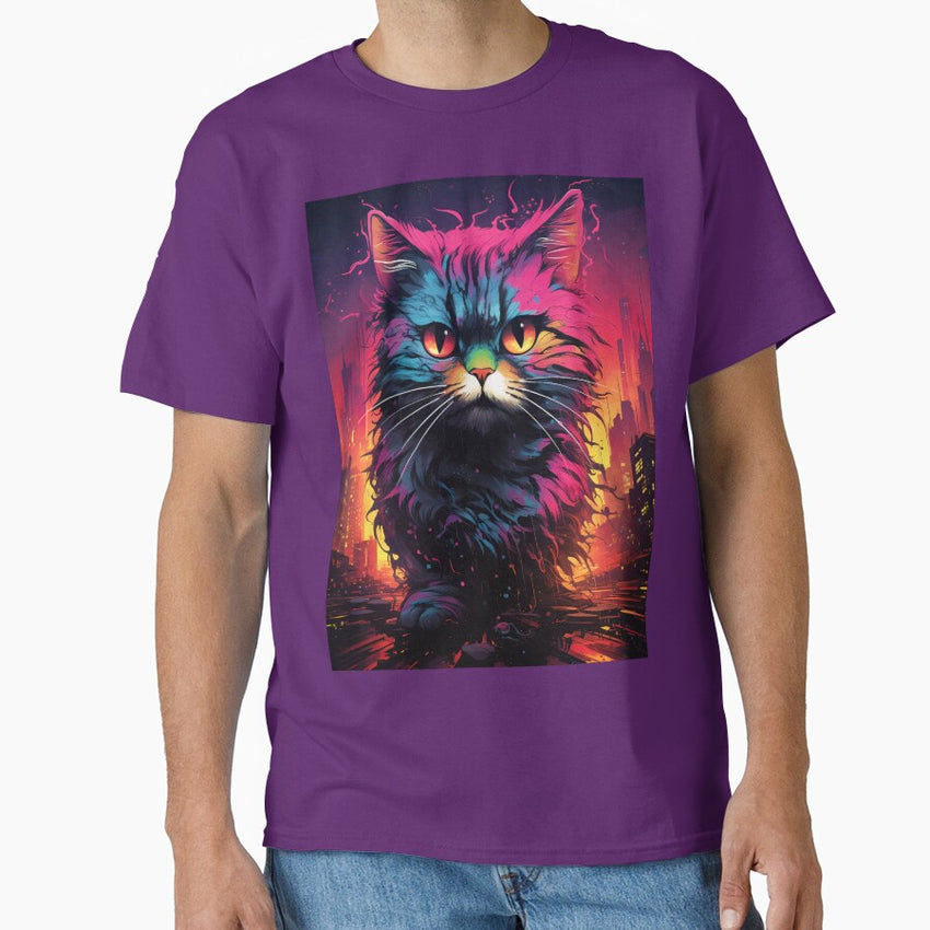 Cute Kitty Neon Art Print - Cat Exploring the City Classic T-Shirt