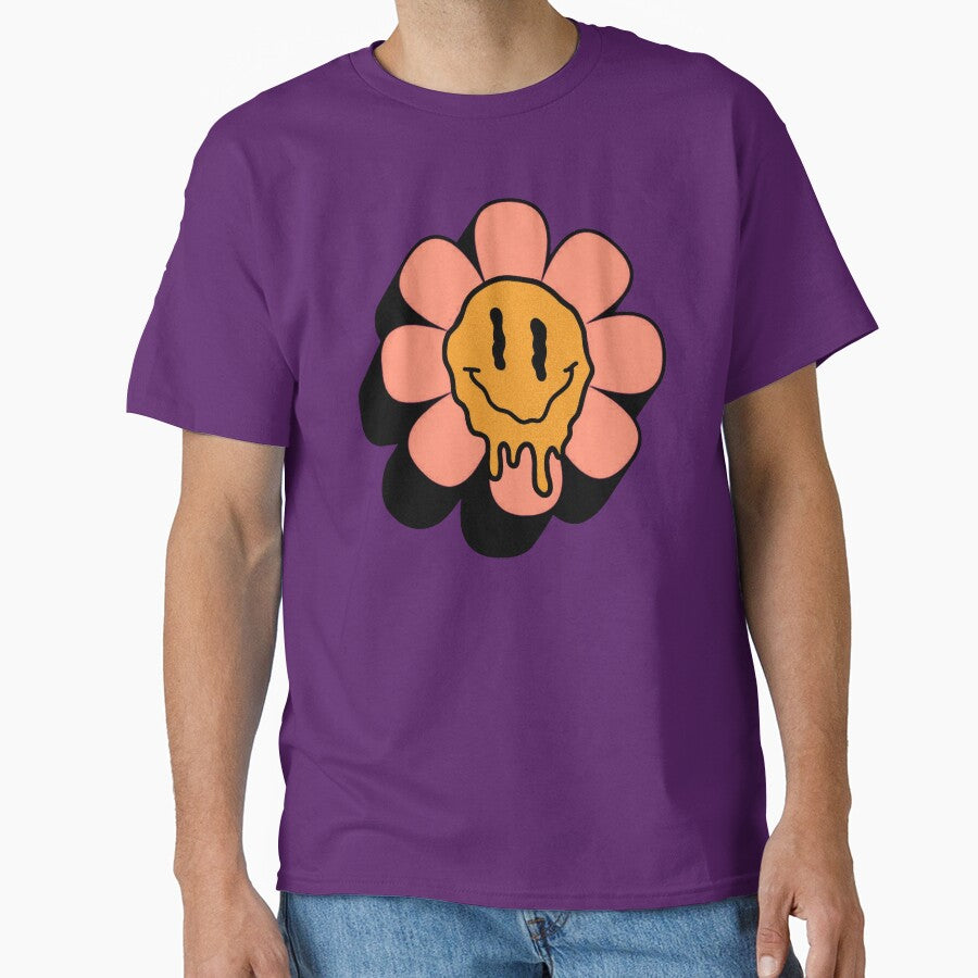 Orange Smiley Daisy Pink Retro Classic T-Shirt
