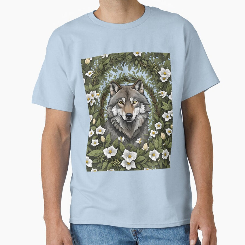 Minnesota Wolf Surrounded By Lady's Slipper Flowers 1 Pattern Classic T-Shirt
