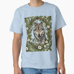 Minnesota Wolf Surrounded By Lady's Slipper Flowers 4 Pattern Classic T-Shirt