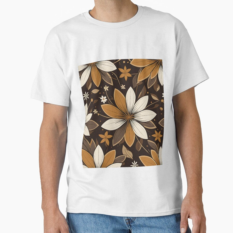 Mid Mod, Retro flower pattern, Brown Classic T-Shirt