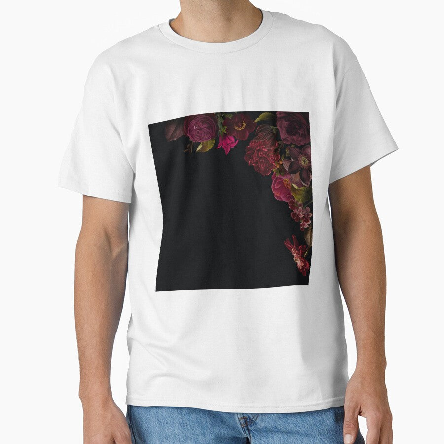 Antique dark red roses and other flowers on black Nightgarden Classic T-Shirt