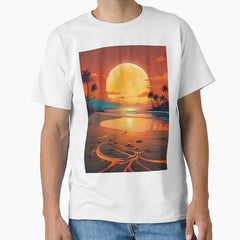 Sunrise on a tropical beach with palm trees and neon clouds Classic T-Shirt