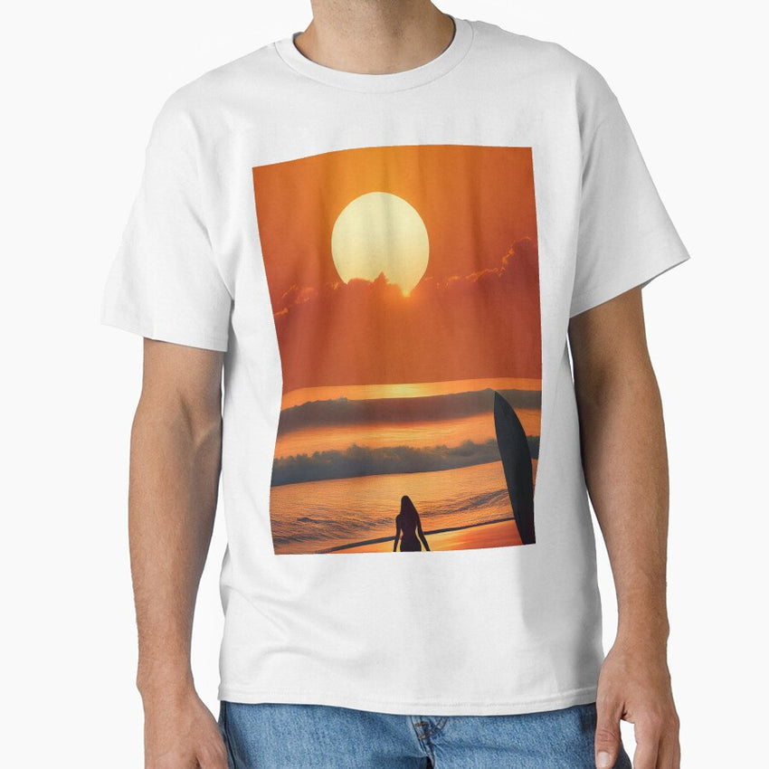 Surfer girl on the sunny beach at sunrise Classic T-Shirt