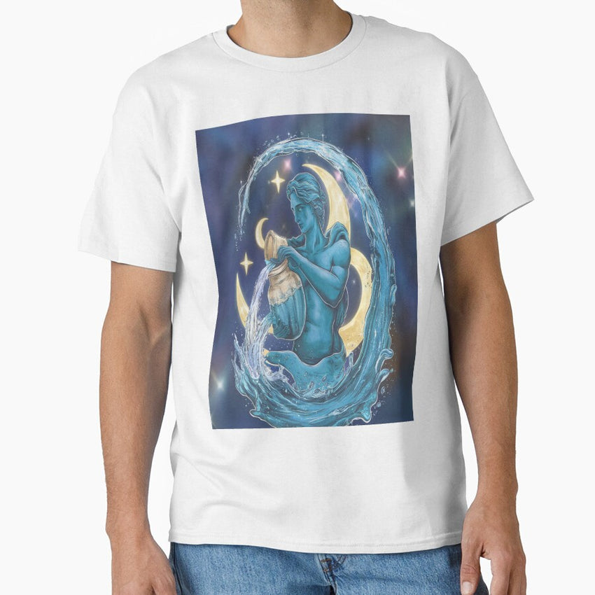 Astrology Zodiac Designs: Aquarius, Water Bearer With Stars And Moons Classic T-Shirt