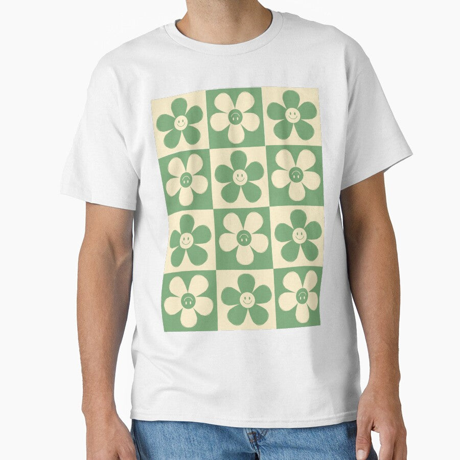Retro Smiley Face Green Flower Classic T-Shirt