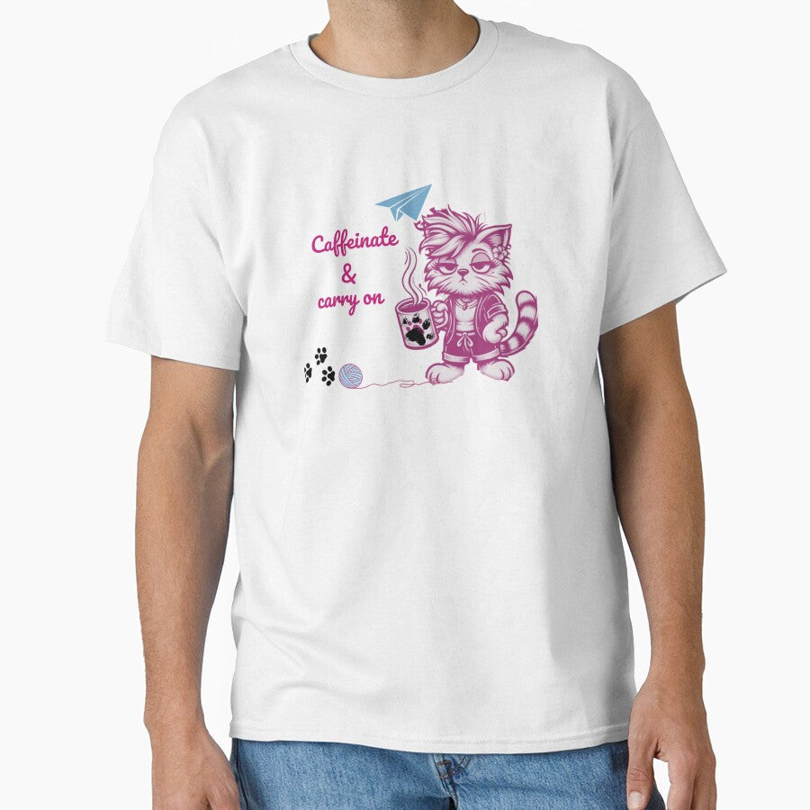 Caffeinate and Carry On – Tired Cat Mom with Coffee & Yarn Classic T-Shirt