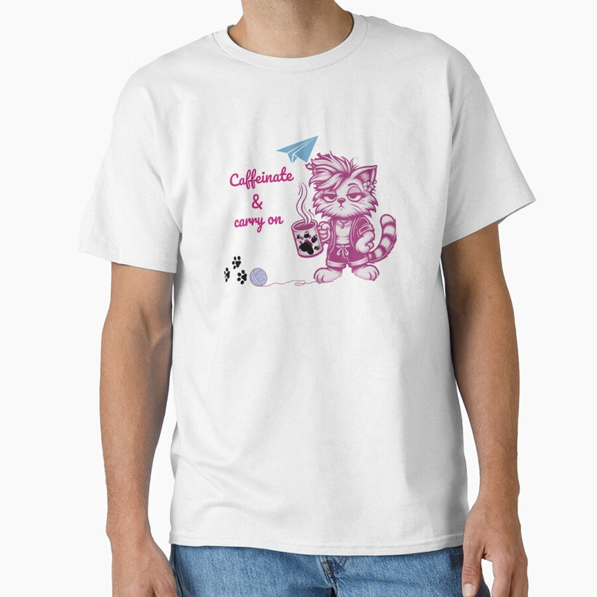 Caffeinate and Carry On – Tired Cat Mom with Coffee & Yarn Classic T-Shirt