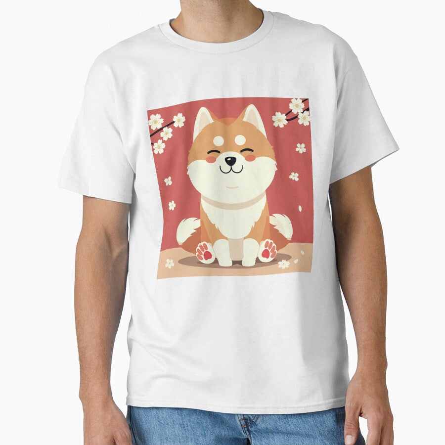 Happy Akita with Sakura, cherry blossom, kawaii retro Japan Classic T-Shirt