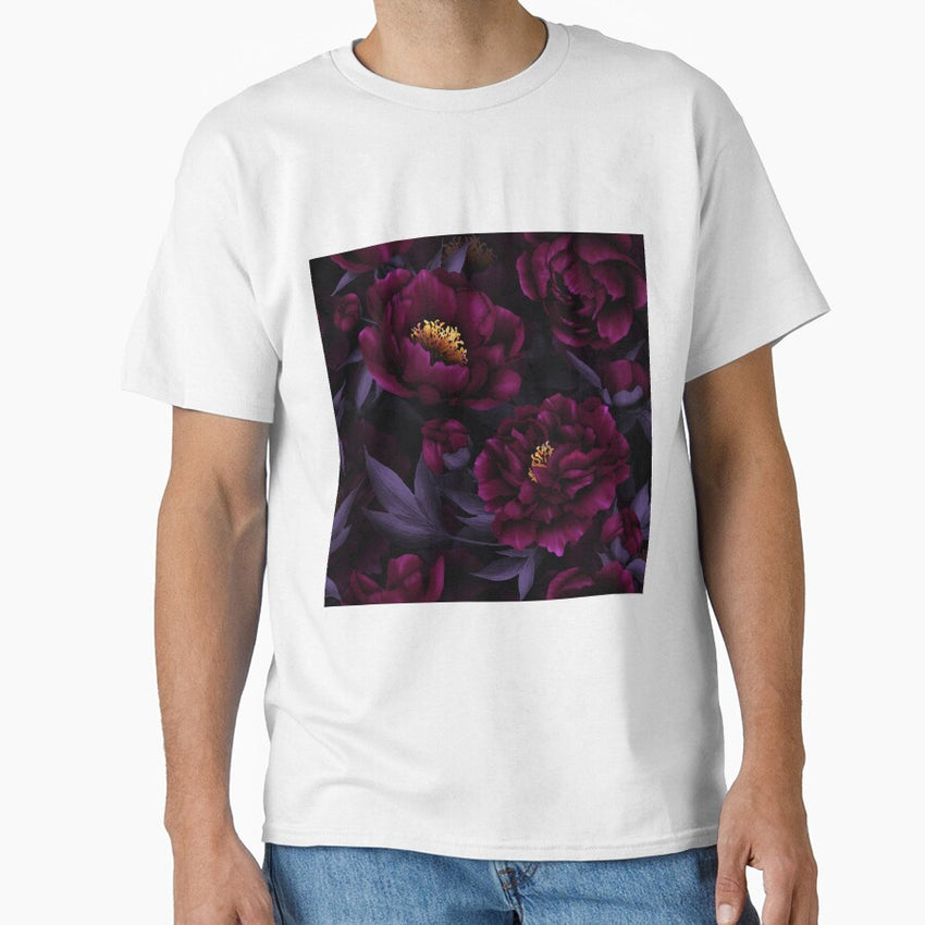 Purple Hand Drawn Watercolor Peonies Pattern Botanical Night Garden Nightgarden Classic T-Shirt