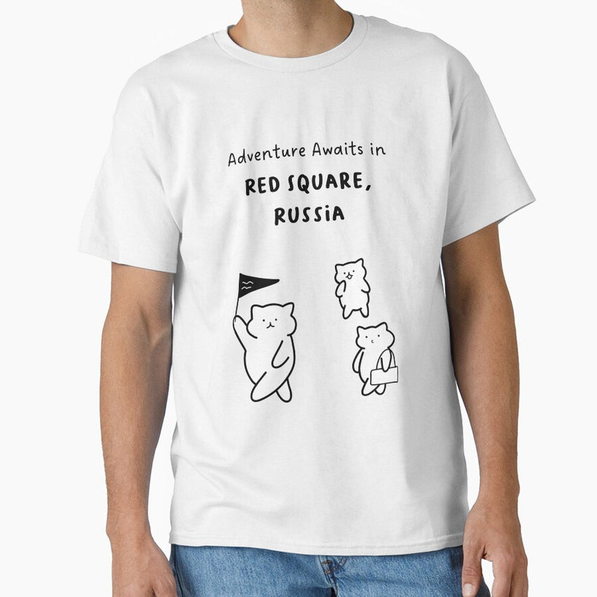 Adventure Awaits In Red Square Russia Cute Cat Characters In Minimalist Line Art Classic T Shirt