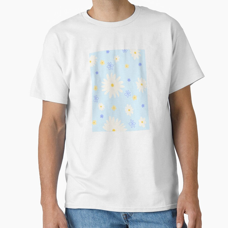 Cute White Daisy and Blue Flower Ditsy Print Classic T-Shirt