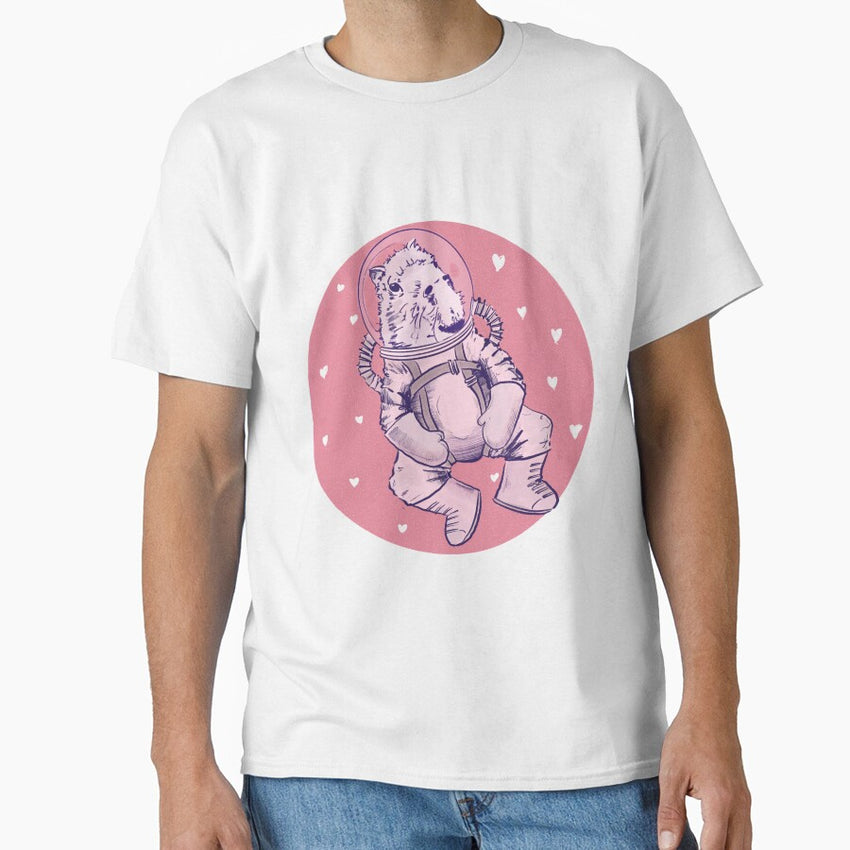 Adorable Valentine Capybara Cosmonaut In Space With Heart Background Classic T Shirt
