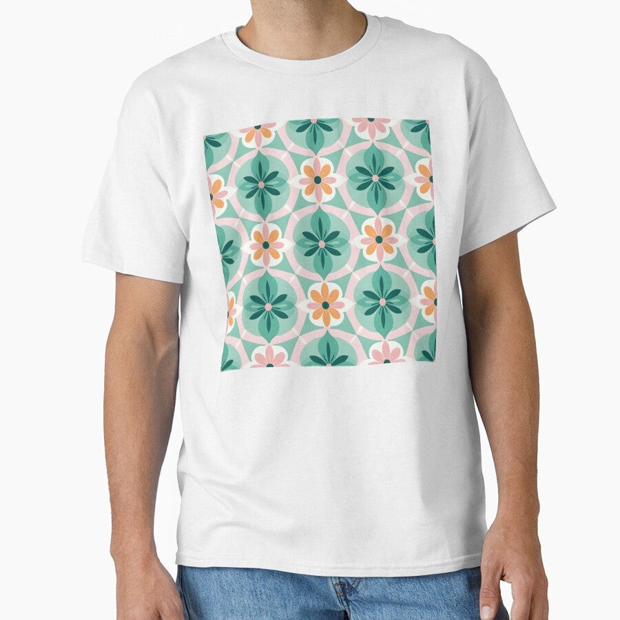 Mid Mod, Retro flower Pattern, Green, Pink Classic T-Shirt