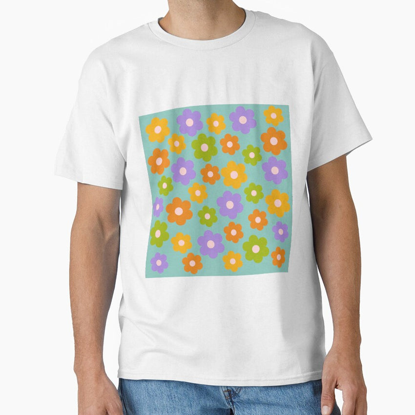 Retro Cute Colourful Daisies , Teal Background Classic T-Shirt