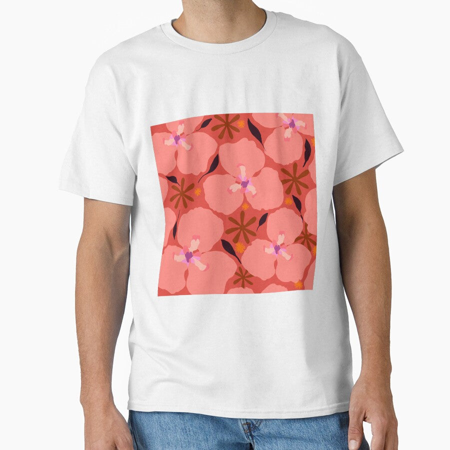 Brick red retro flower poster. Classic T-Shirt