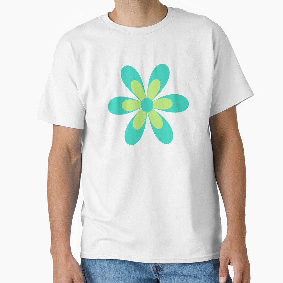 Happy Hippie Flower 1 Cute Minimalist Floral in Lime Green and Aqua Blue on Solid White. Textured-Paper Flower on Smooth Solid Classic T-Shirt