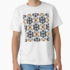 Mid Mod, Retro flower Pattern, Gray, Yellow Classic T-Shirt