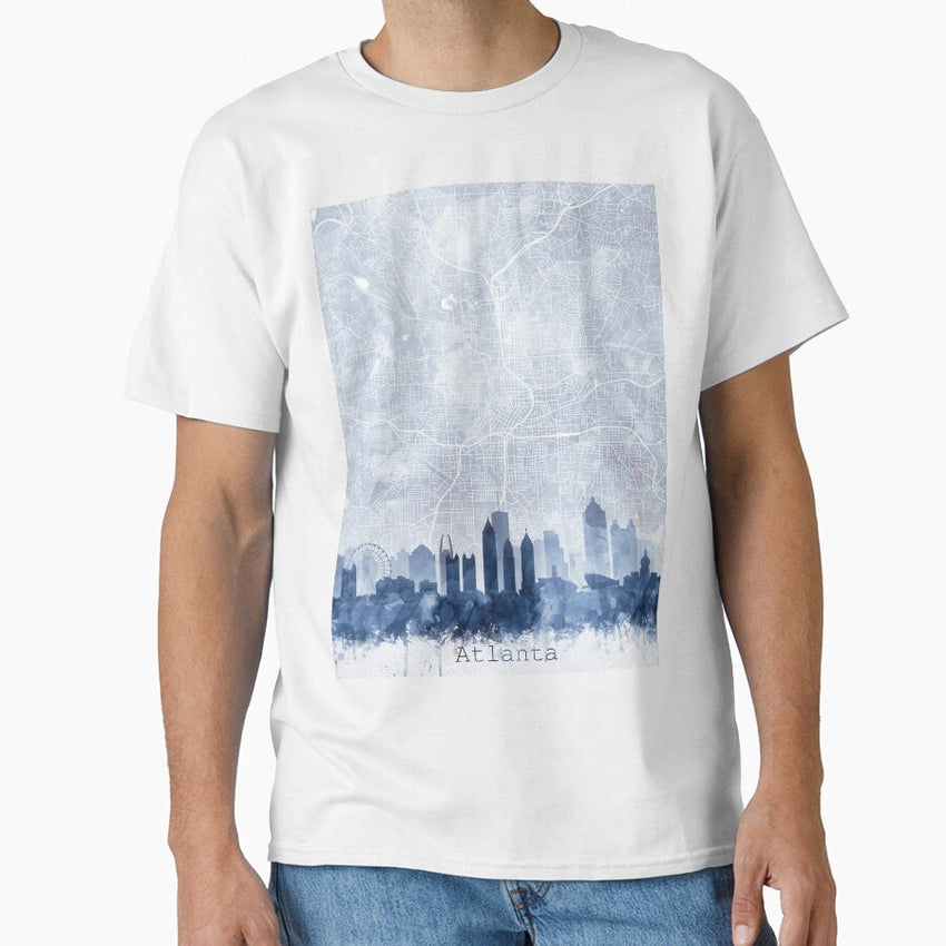 Atlanta Skyline Map Watercolor Navy Blue Print By Zouzounio Art Classic T Shirt
