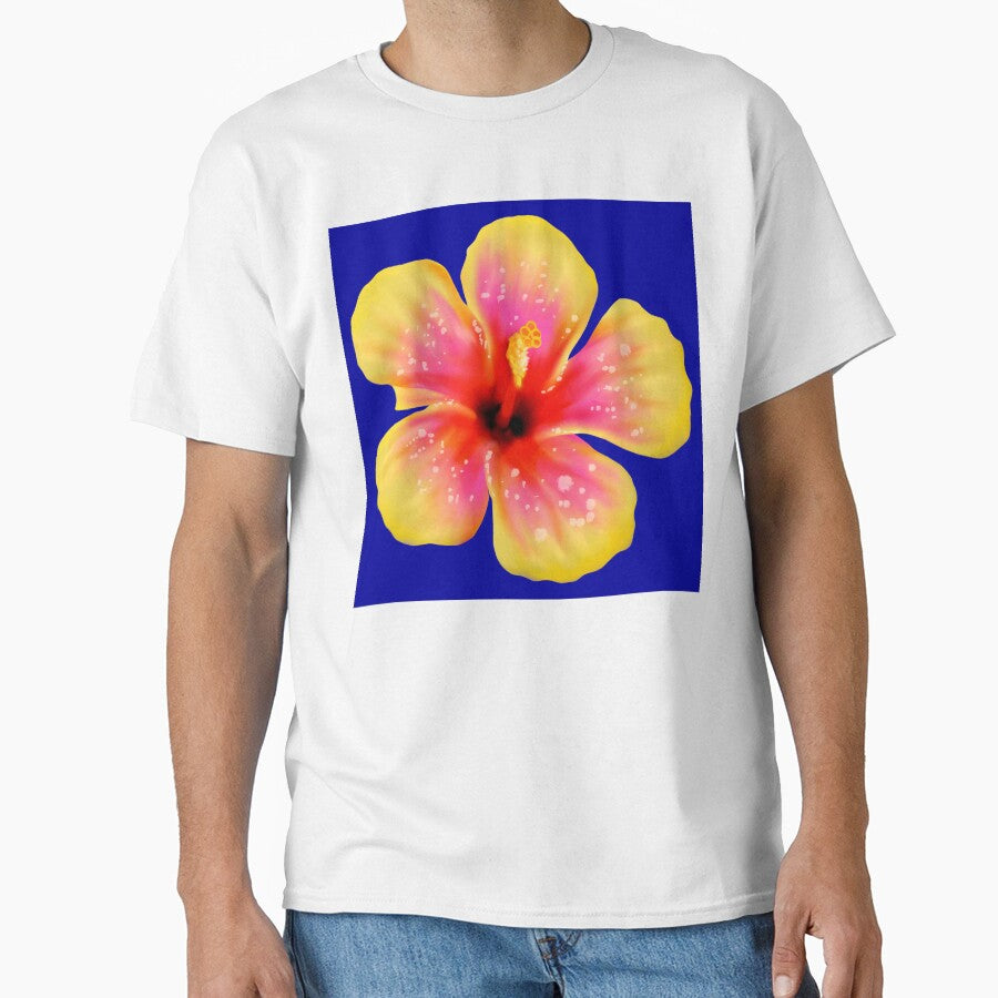 Yellow Hawaiian Flower Blue Background Classic T Shirt
