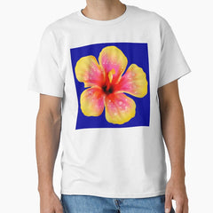Yellow Hawaiian Flower Blue Background Classic T Shirt