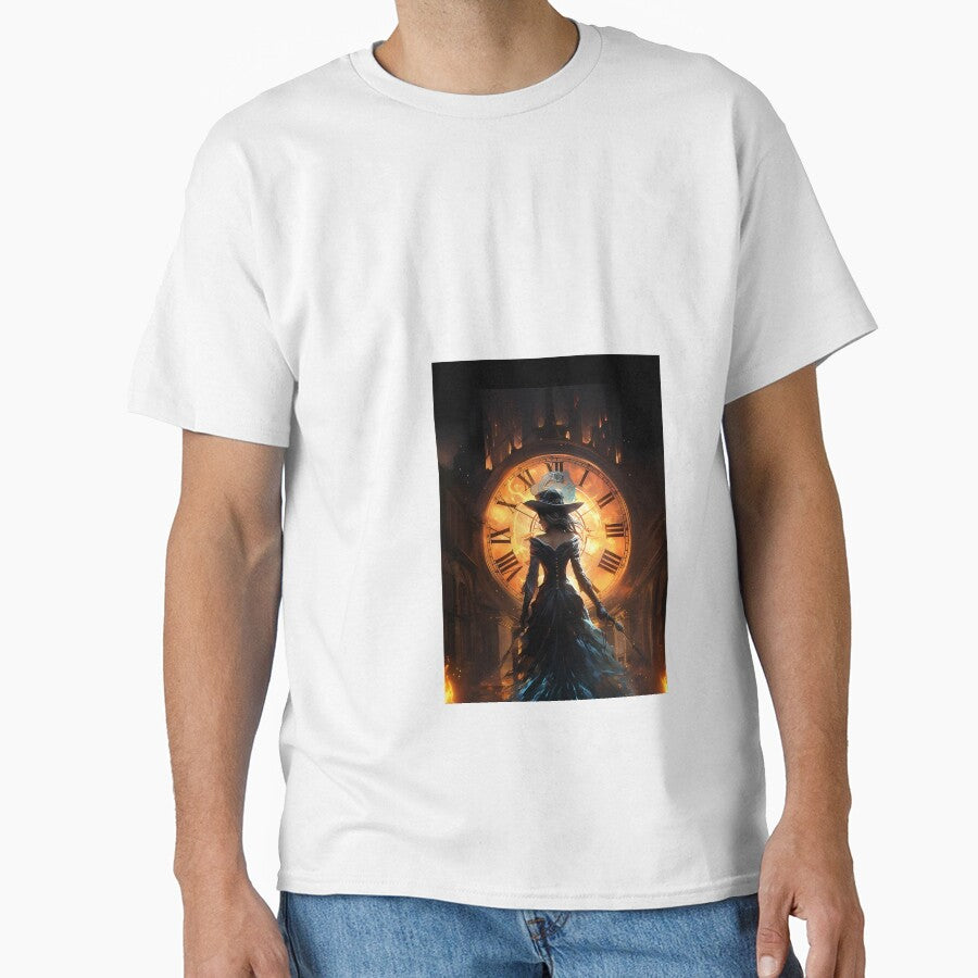 A Woman In A Blue Dress Standing In Front Of A Clock Classic T Shirt