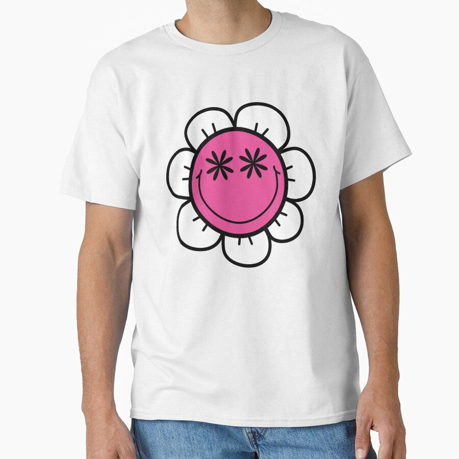 Retro Smiley Face Flower Pink and White Classic T-Shirt
