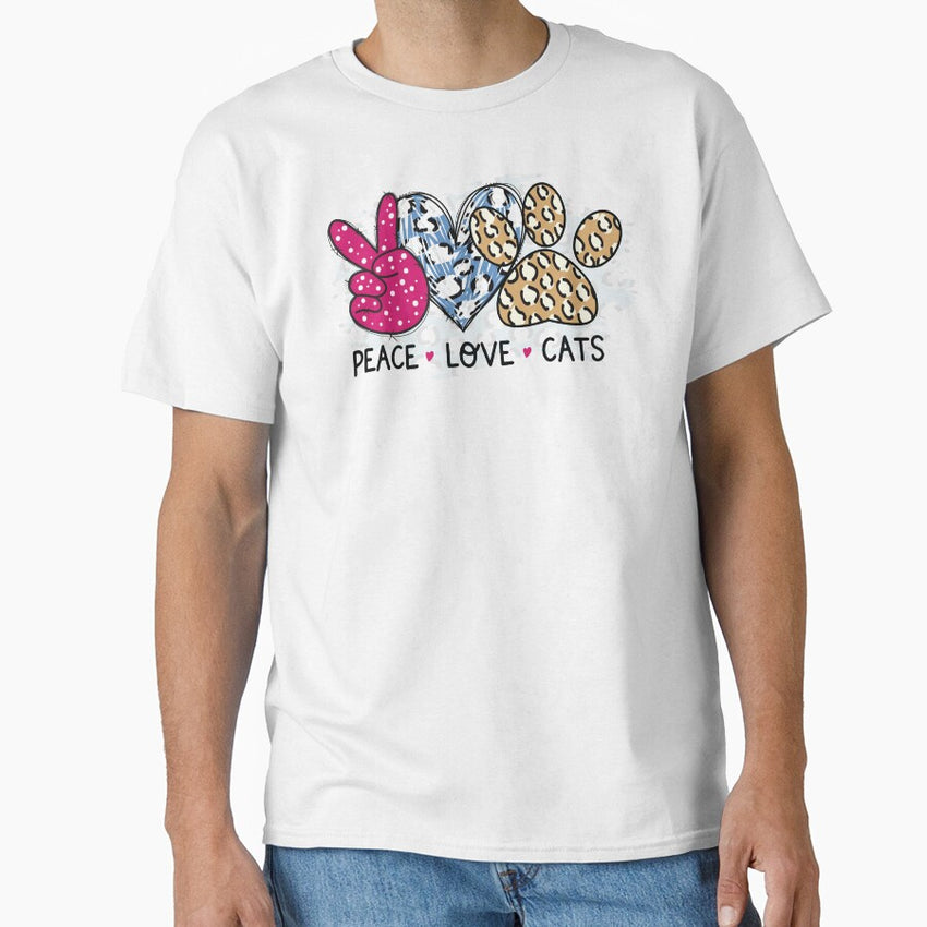 Peace Love Cats Cheetah Print Cat Mom Cat Mama Gift for Cat Mothers Day Crazy Cat Lady I Love My Cats Classic T-Shirt