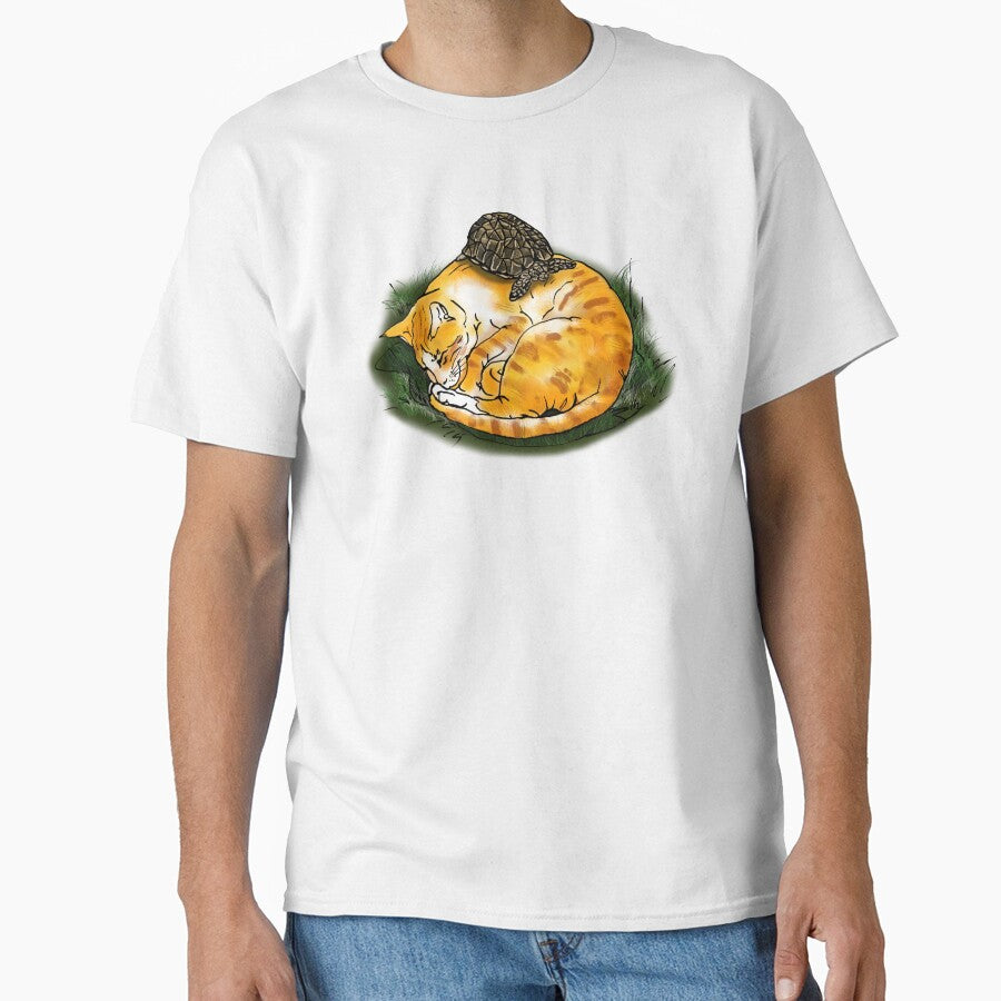 Sleeping Orange Cat And Turtle Portrait Classic T-Shirt