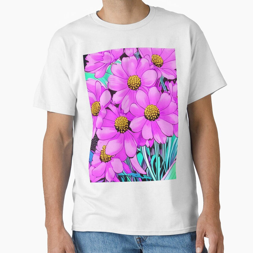 Retro Style Pink Flowers Between Turquoise Leaves Classic T-Shirt