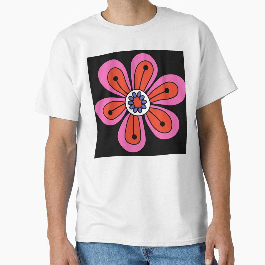 Retro 1960s Pink And Red Flower On Black Classic T-Shirt