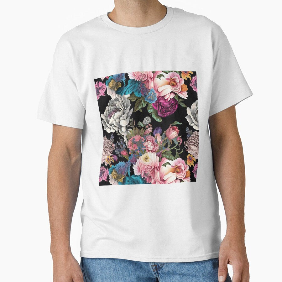 Vintage Floral Wallpaper Retro Pattern Dark Flowers Classic T-Shirt