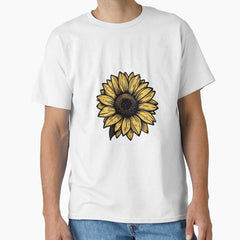 Retro Sunflower Illustration in Line Art Style Classic T-Shirt