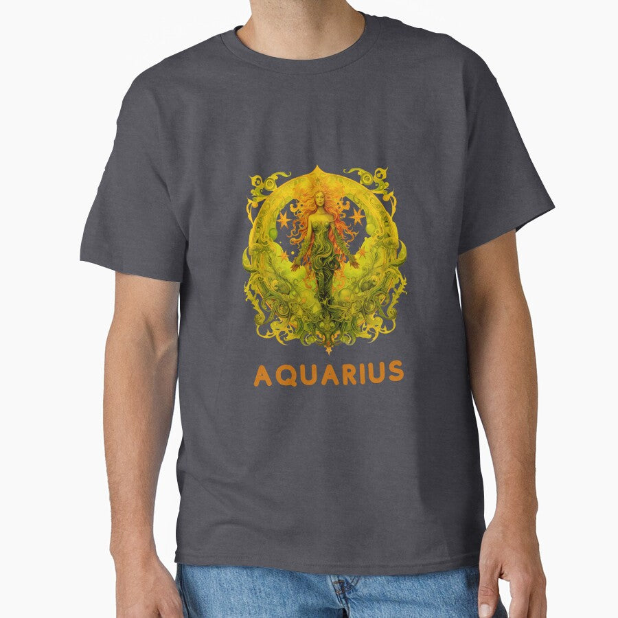 Aquarius Zodiac- Retro Aquarius zodiac sign from Zodiac Chart on brown background Classic T-Shirt