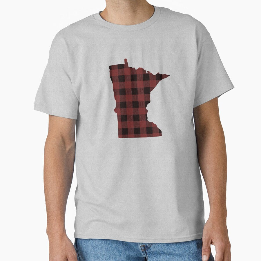 Minnesota Home State Red and Black Buffalo Plaid Outline Classic T-Shirt
