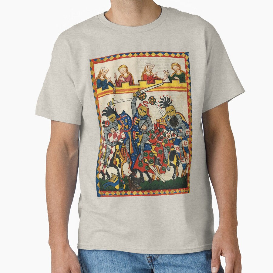 MEDIEVAL TOURNAMENT, FIGHTING KNIGHTS WITH DAMSELS AND RED WILD ROSES Classic T-Shirt
