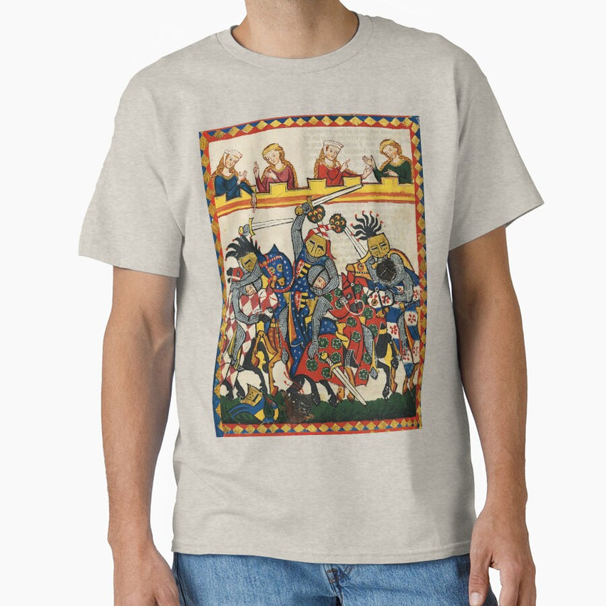 MEDIEVAL TOURNAMENT, FIGHTING KNIGHTS WITH DAMSELS AND RED WILD ROSES Classic T-Shirt