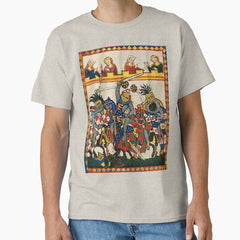 MEDIEVAL TOURNAMENT, FIGHTING KNIGHTS WITH DAMSELS AND RED WILD ROSES Classic T-Shirt