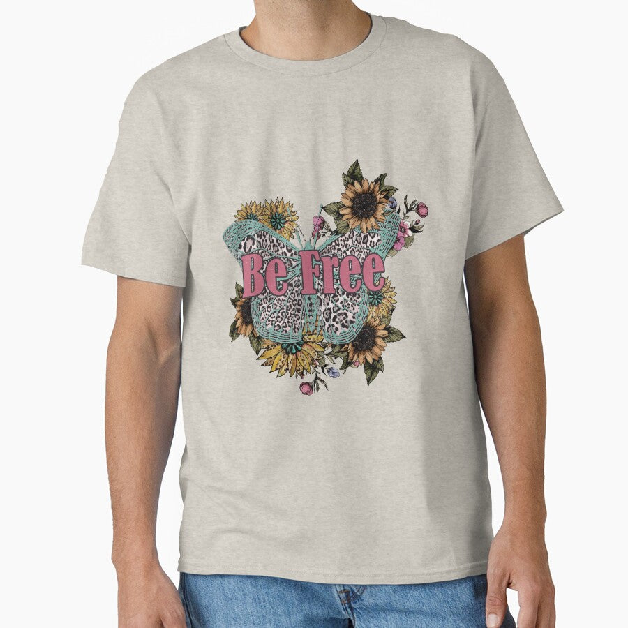 Vintage Retro butterfly flower leopard Be Free Classic T-Shirt