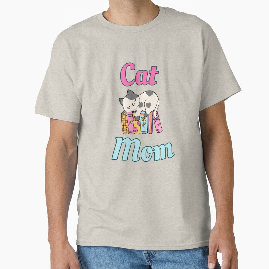 Cat mom with bright colors, books, and flower design Classic T-Shirt