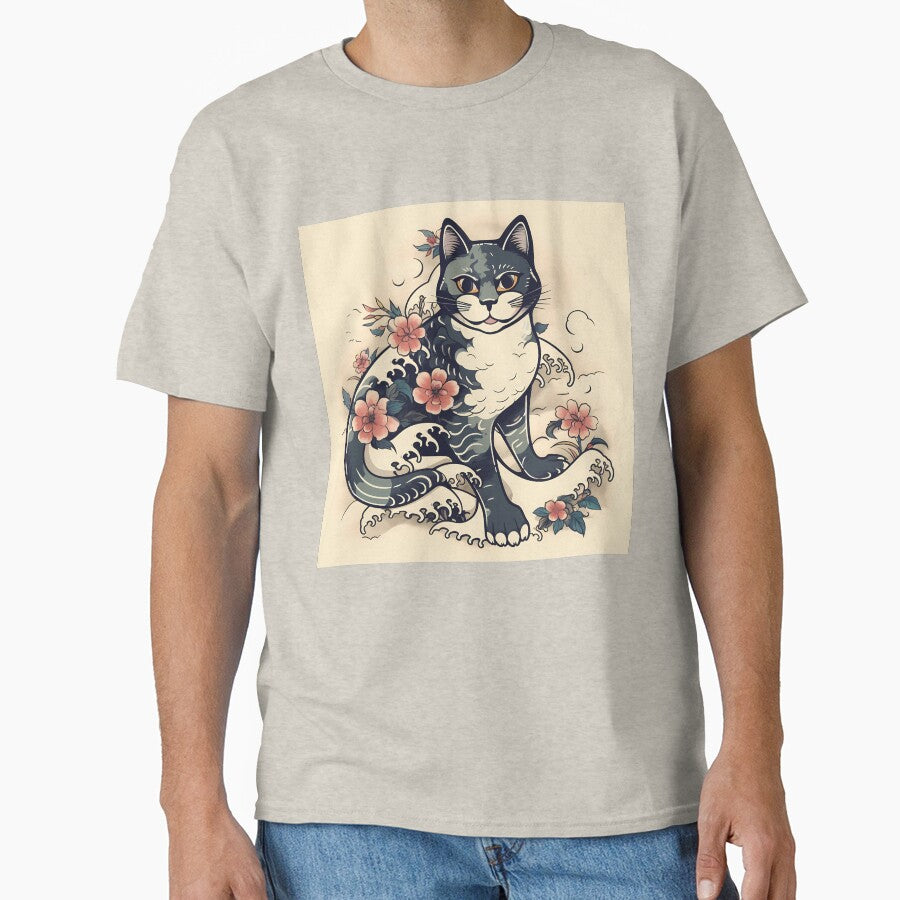 Japan Retro Cat with Flower & Waves Classic T-Shirt