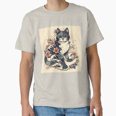 Japan Retro Cat with Flower & Waves Classic T-Shirt