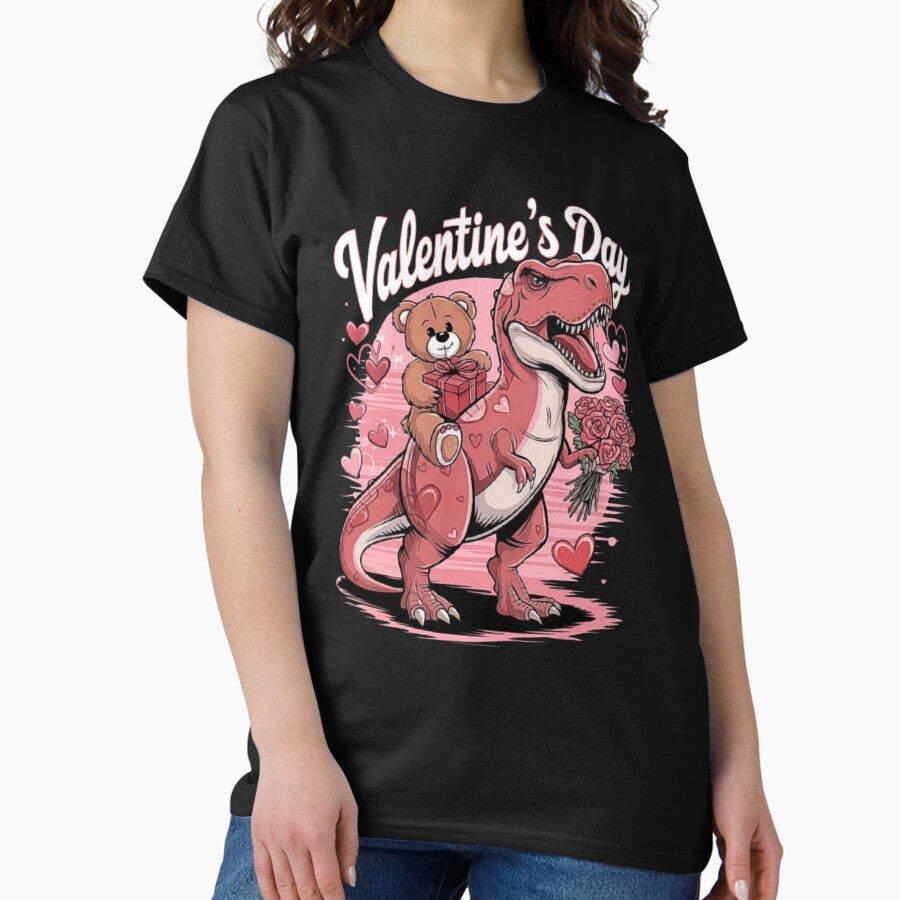 Cute Valentines Day T Rex With Teddy Bear And Roses Classic T Shirt