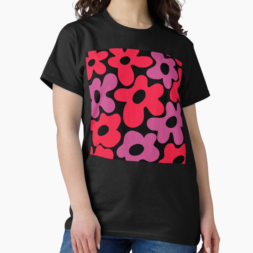 Retro 1960s Red And Pink Flower Pattern On Black Classic T-Shirt