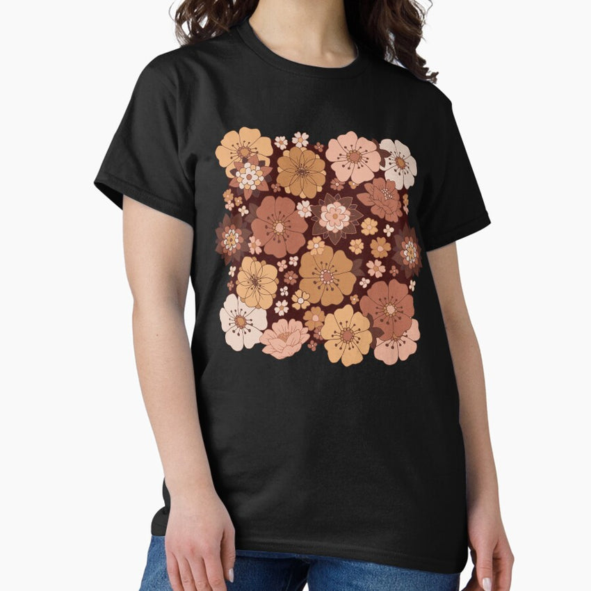 Chocolate Brown Retro Boho Flower Pattern Classic T-Shirt