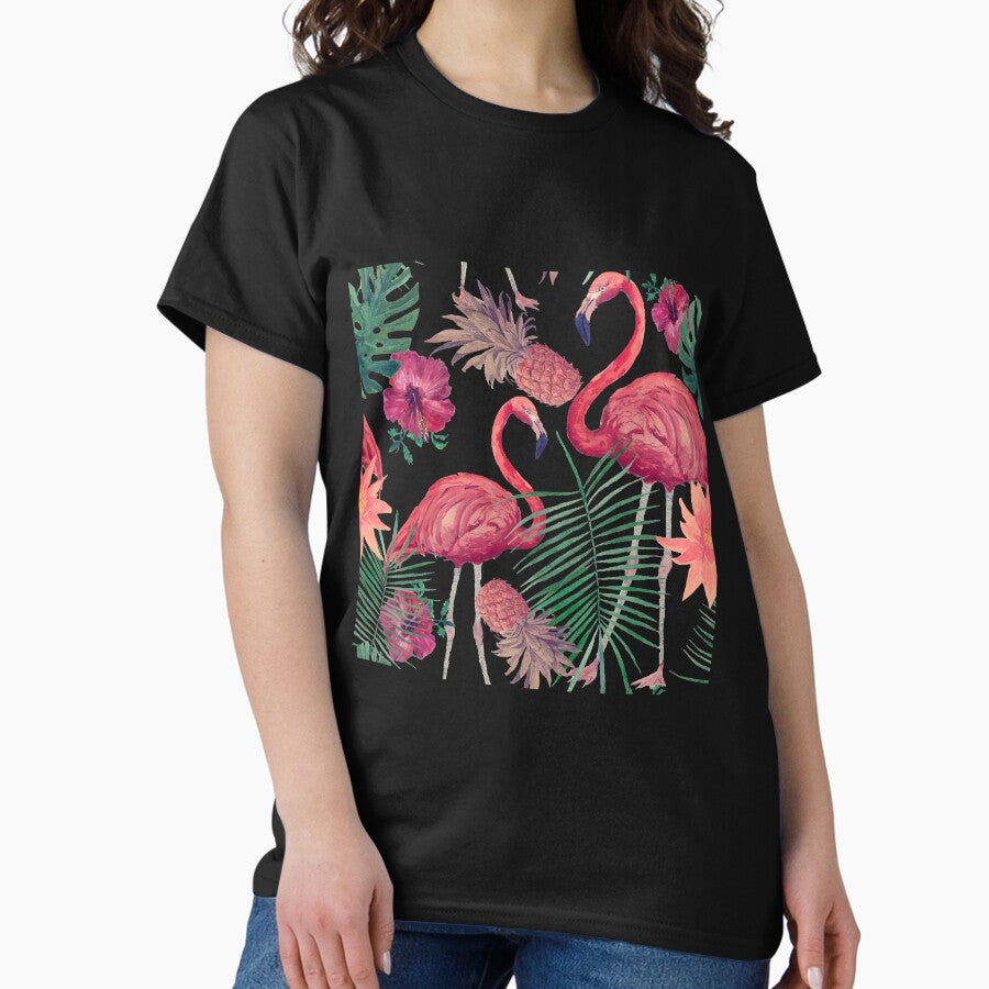 Tropical tiki hibiscus / orchids flower & flamingo watercolor pattern Classic T-Shirt