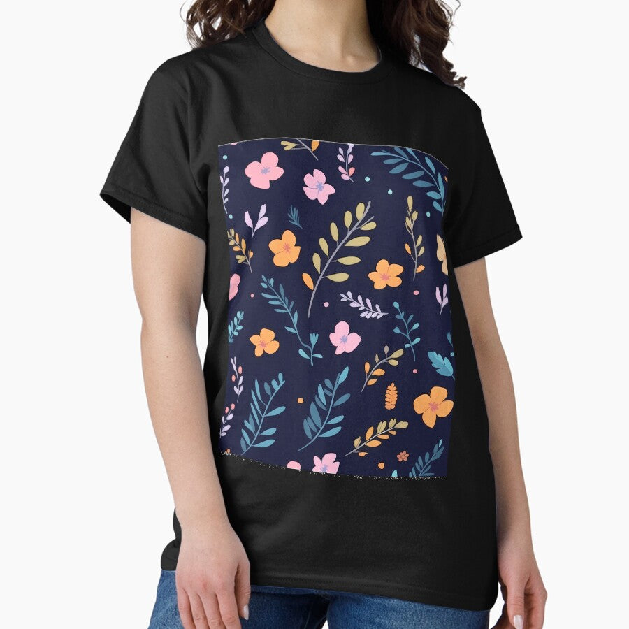 Retro Flower minimalistic pattern dark blue Classic T-Shirt