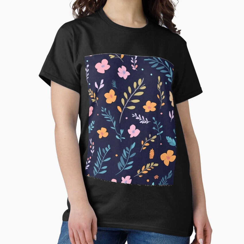 Retro Flower minimalistic pattern dark blue Classic T-Shirt