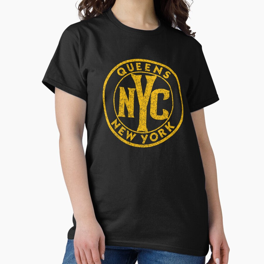 Queens NY New York Vintage Sign Distressed Amber Print Pullover Classic T-Shirt